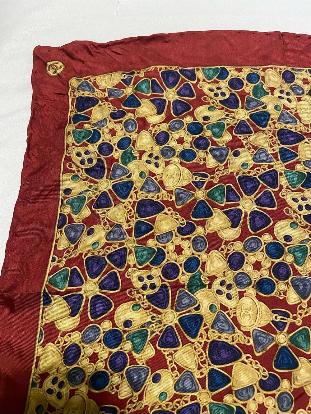 Chanel Silk Square Scarf with Jewel Motif - Red, Gold, Blue, Green